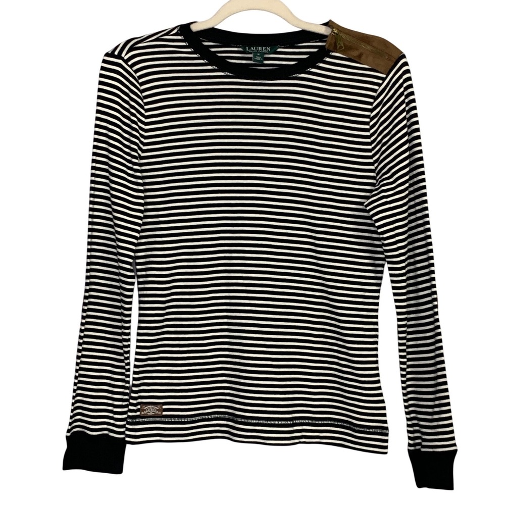Lauren Ralph Lauren Med Black Striped Long Sleeve Top with Suede Elbow Patches‎